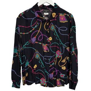 Vintage Southern Lady Button Down Blouse Size L Black Tassel Print Collar